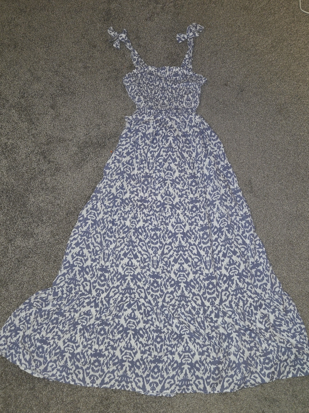 Smocked Blue and White Printed Maxi Dress with Tie Straps